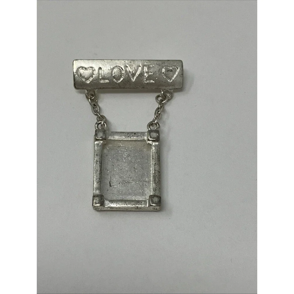 Hanging Picture Frame Brooch Dangle Pin LOVE Silver Tone VTG